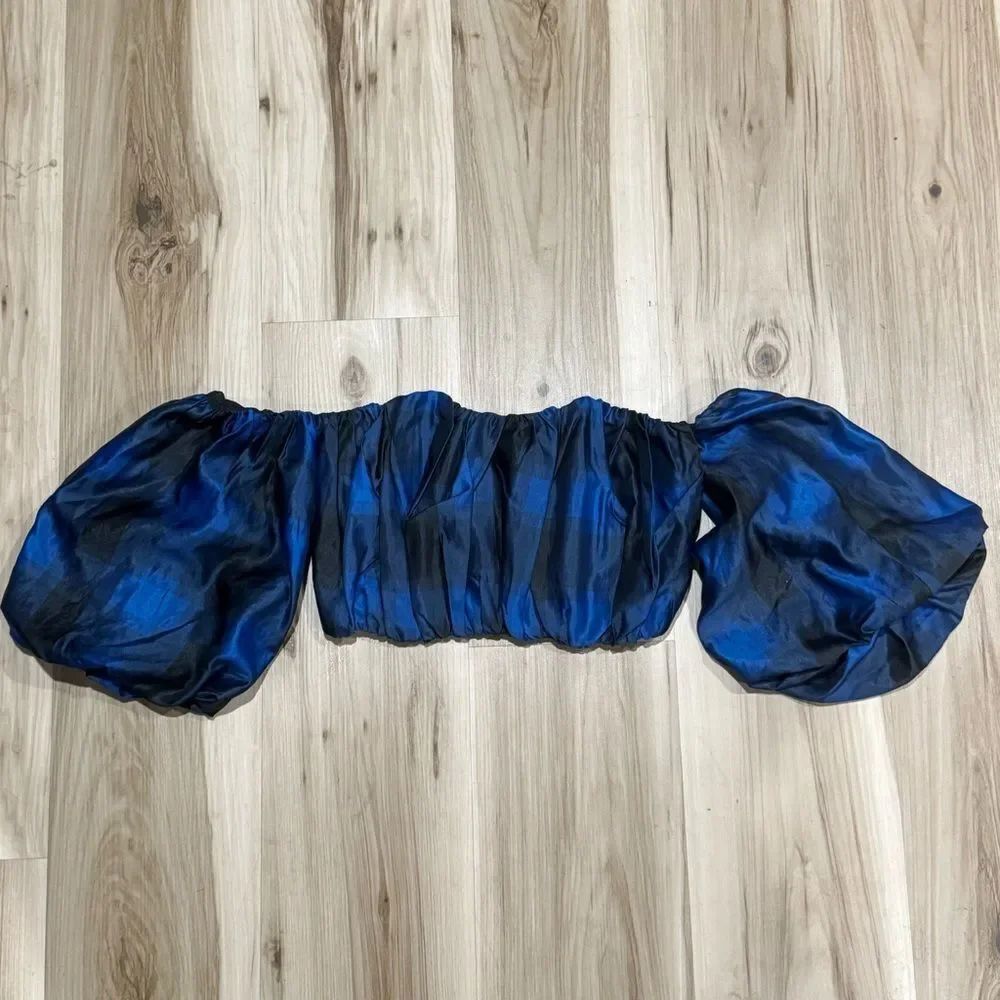 Lovers + Friends Plaid Puff Sleeve Blue Black Top Women’s XS